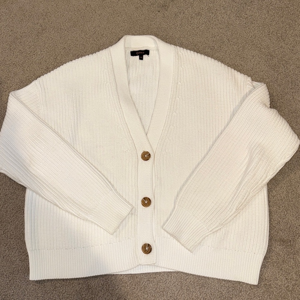 Quince Organic cotton Fisherman Boxy Cropped Cardigan Sweater XS Ivory